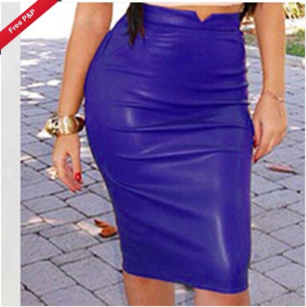 SK010B Womens Plain PU Leather Bodycon Pencil High Waisted Knee Length Skirt Dress SIZE 10 BLUE