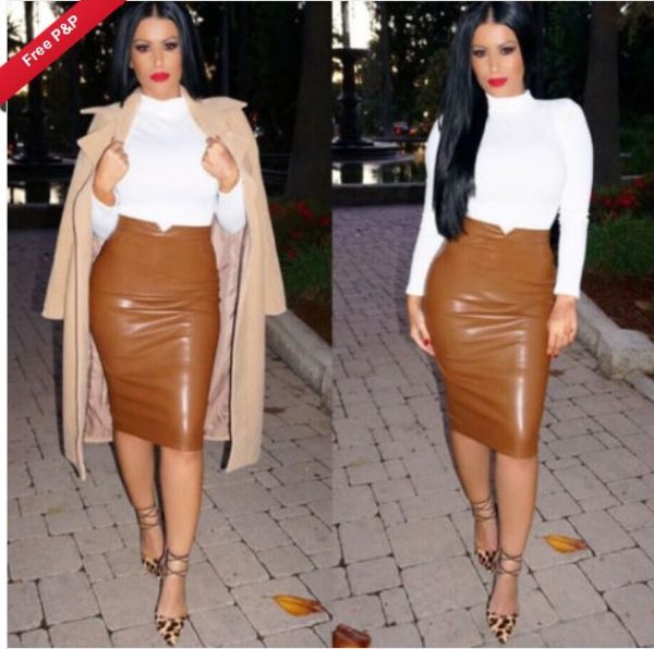 SK010C Womens Plain PU Leather Bodycon Pencil High Waisted Knee Length Skirt Dress SIZE 10 COFFEE