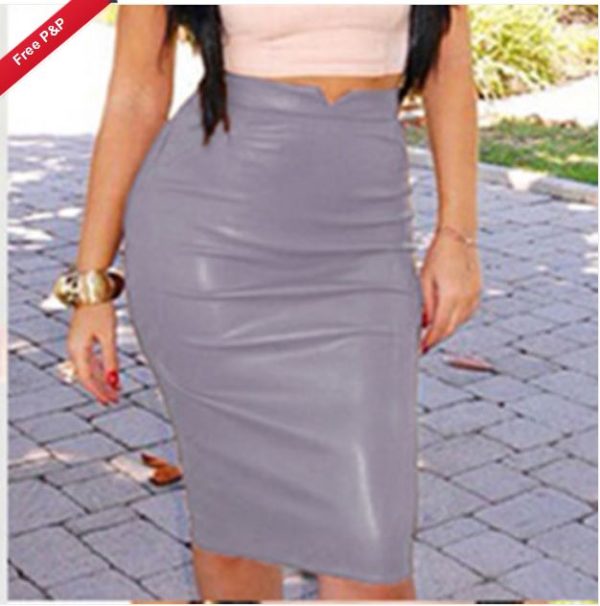 SK010G Womens Plain PU Leather Bodycon Pencil High Waisted Knee Length Skirt Dress SIZE 10 GREY