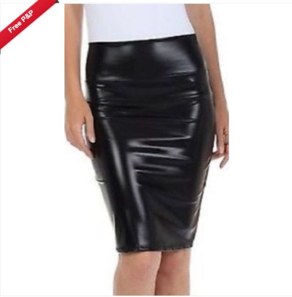 SK015BLK Metallic Shiny Black PVC Wet Look High Waist Pencil