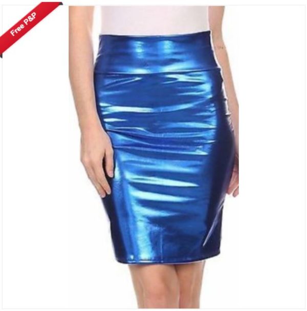 SK015BLU Metallic Shiny Blue PVC Wet Look High Waist Pencil