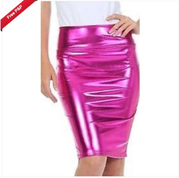 SK015FUS Metallic Shiny Fushia PVC Wet Look High Waist Pencil