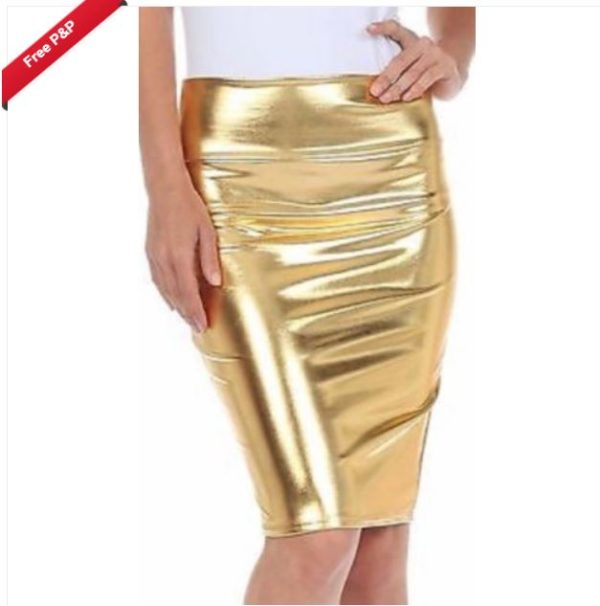 SK015GLD Metallic Shiny Gold PVC Wet Look High Waist Pencil