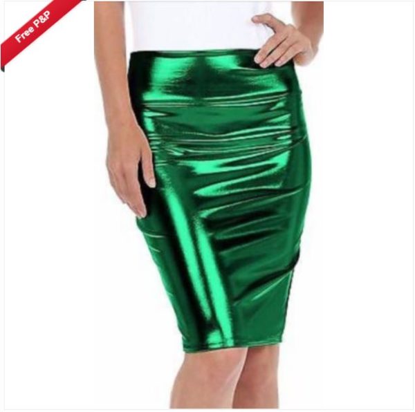 SK015GRN Metallic Shiny Green PVC Wet Look High Waist Pencil