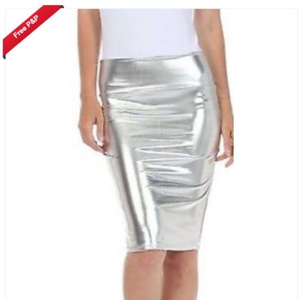 SK015SLV Metallic Shiny Silver PVC Wet Look High Waist Pencil