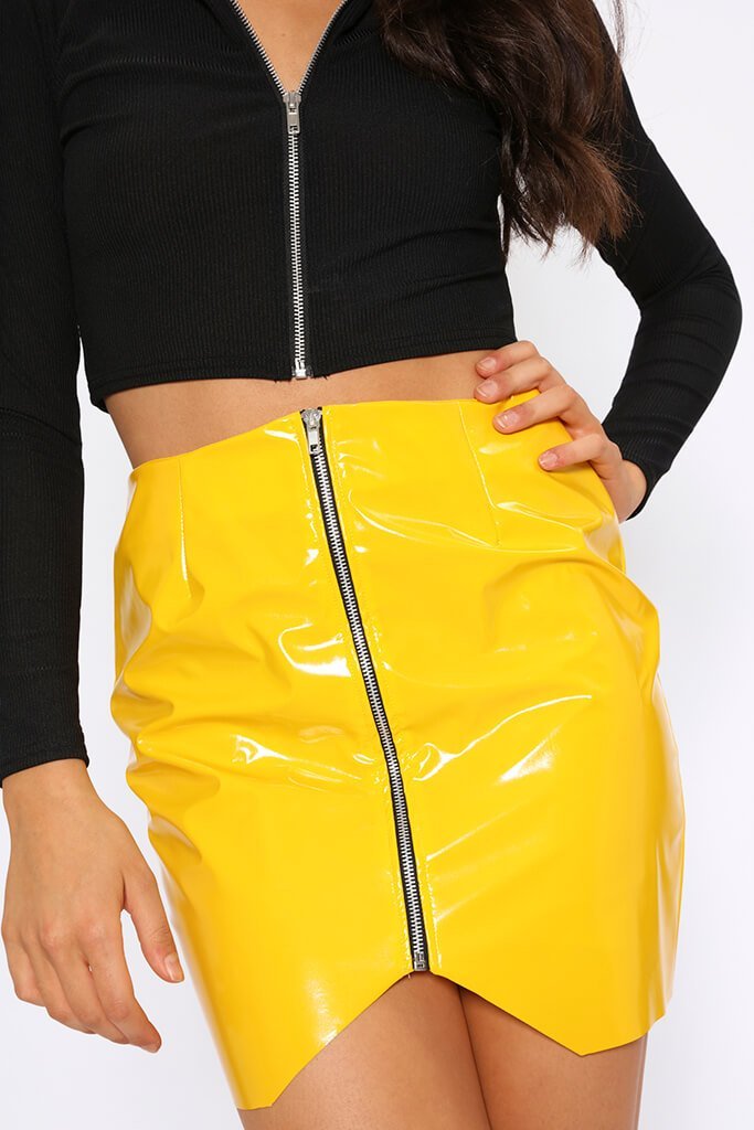 Yellow Vinyl PVC Chrome Zip Front Faux Leather Skirt Size UK 8 / UK 10 ...