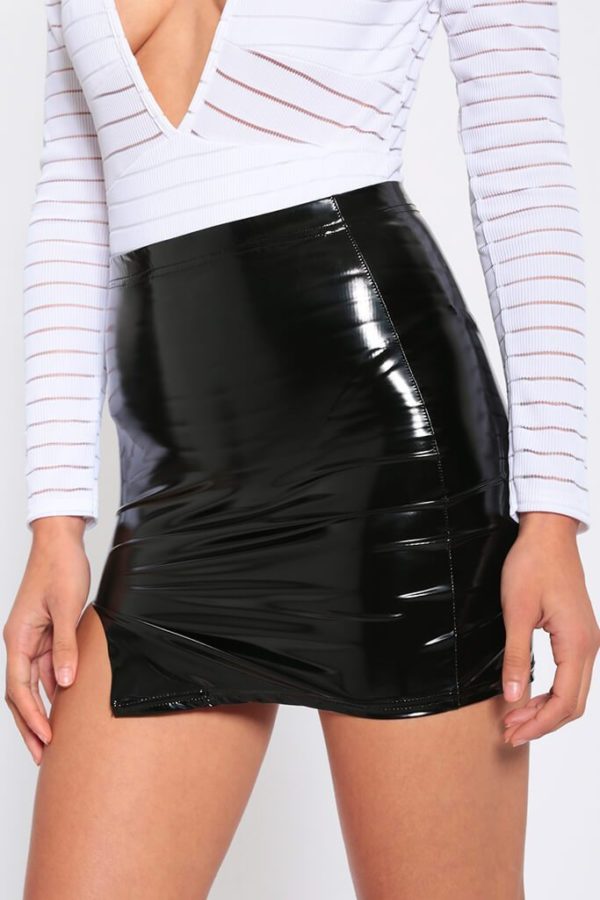 SK019 Black Vinyl Split Front Mini Skirt 4