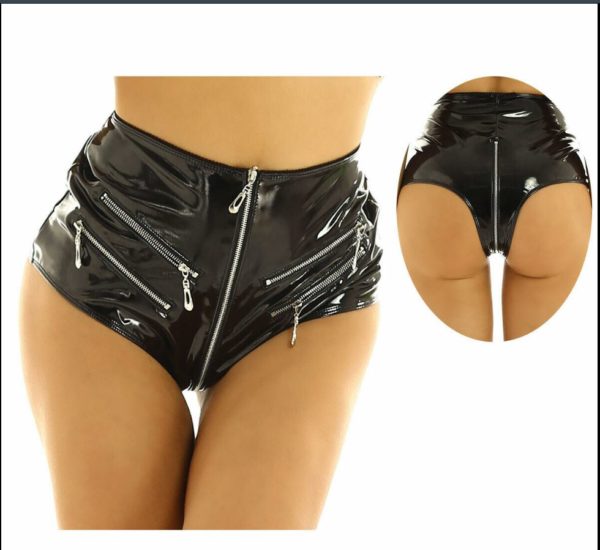 Womens Wet Look Leather Shorts High Waist Zip Up Booty Shorts Hot Pants Clubwear